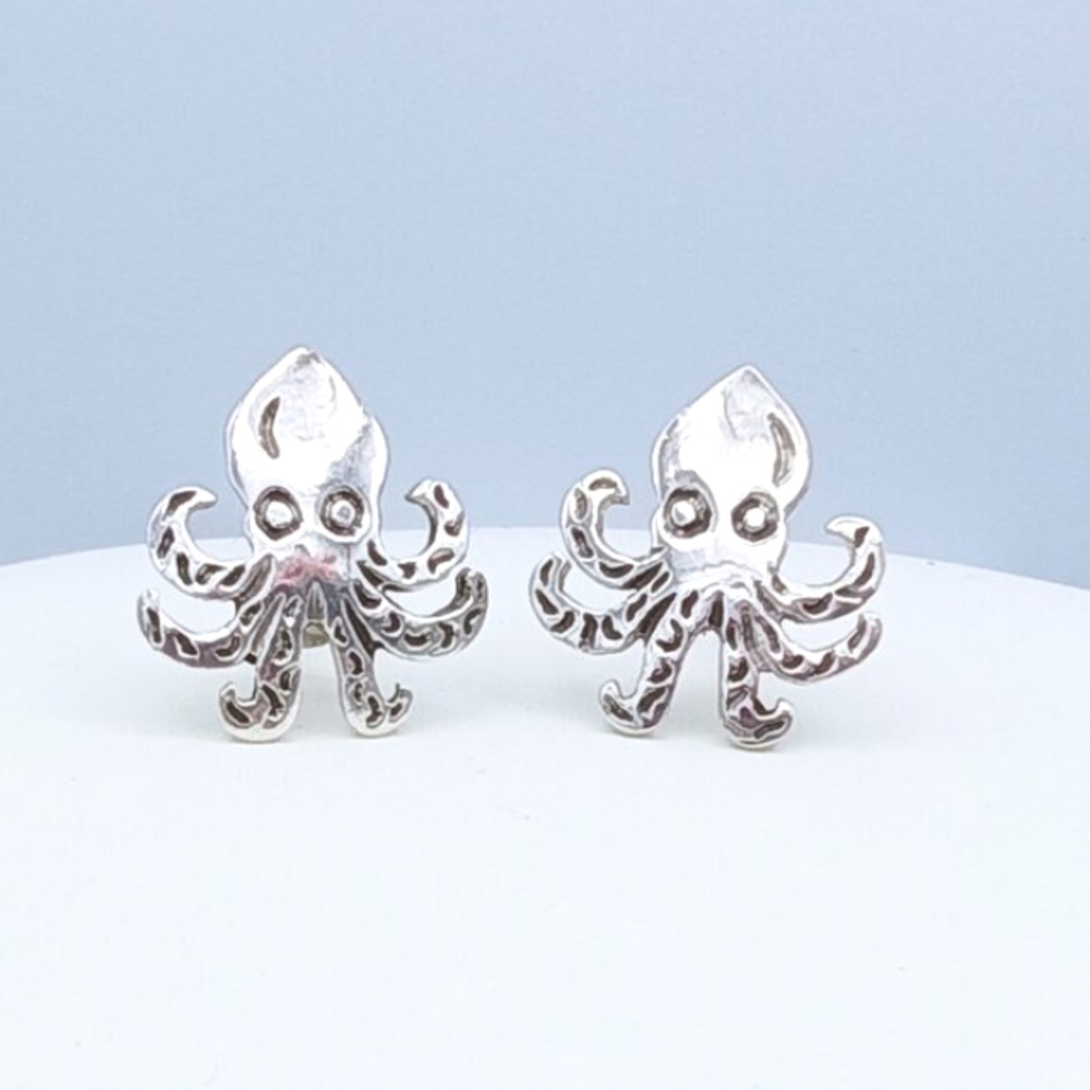 Vintage 925 Sterling Silver Octopus Post Earrings - SIGNED